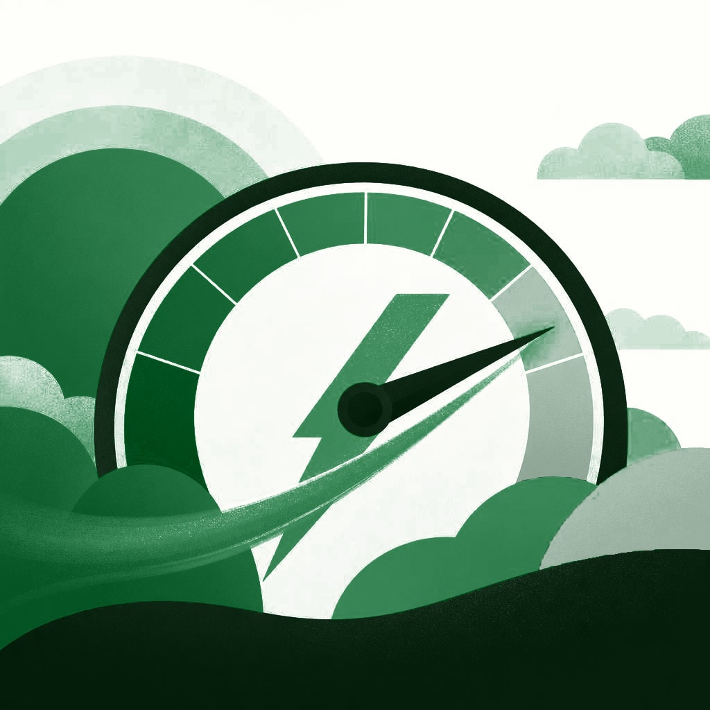 Illustration of a speedometer gauge with a lightning bolt moving from slow to fast