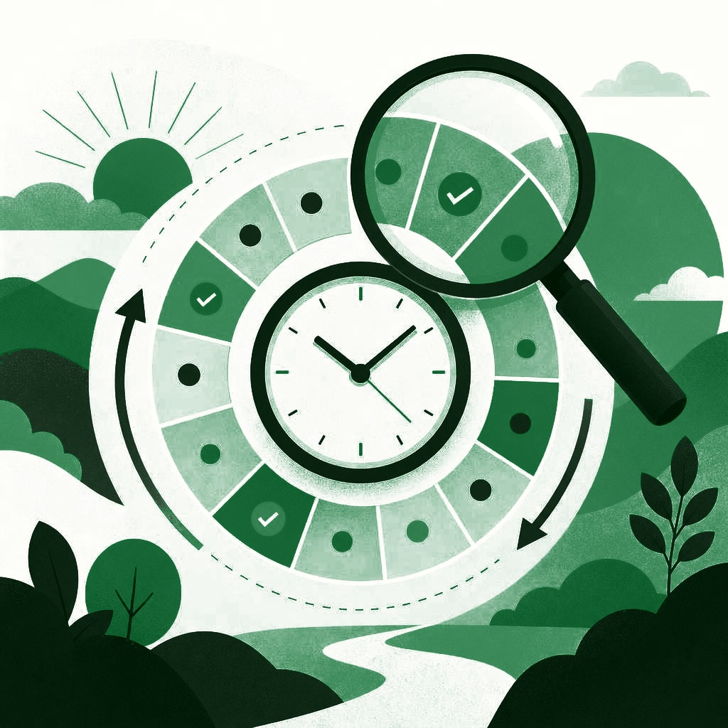 Illustration of a calendar and clock with a magnifying glass, representing an SEO audit cadence
