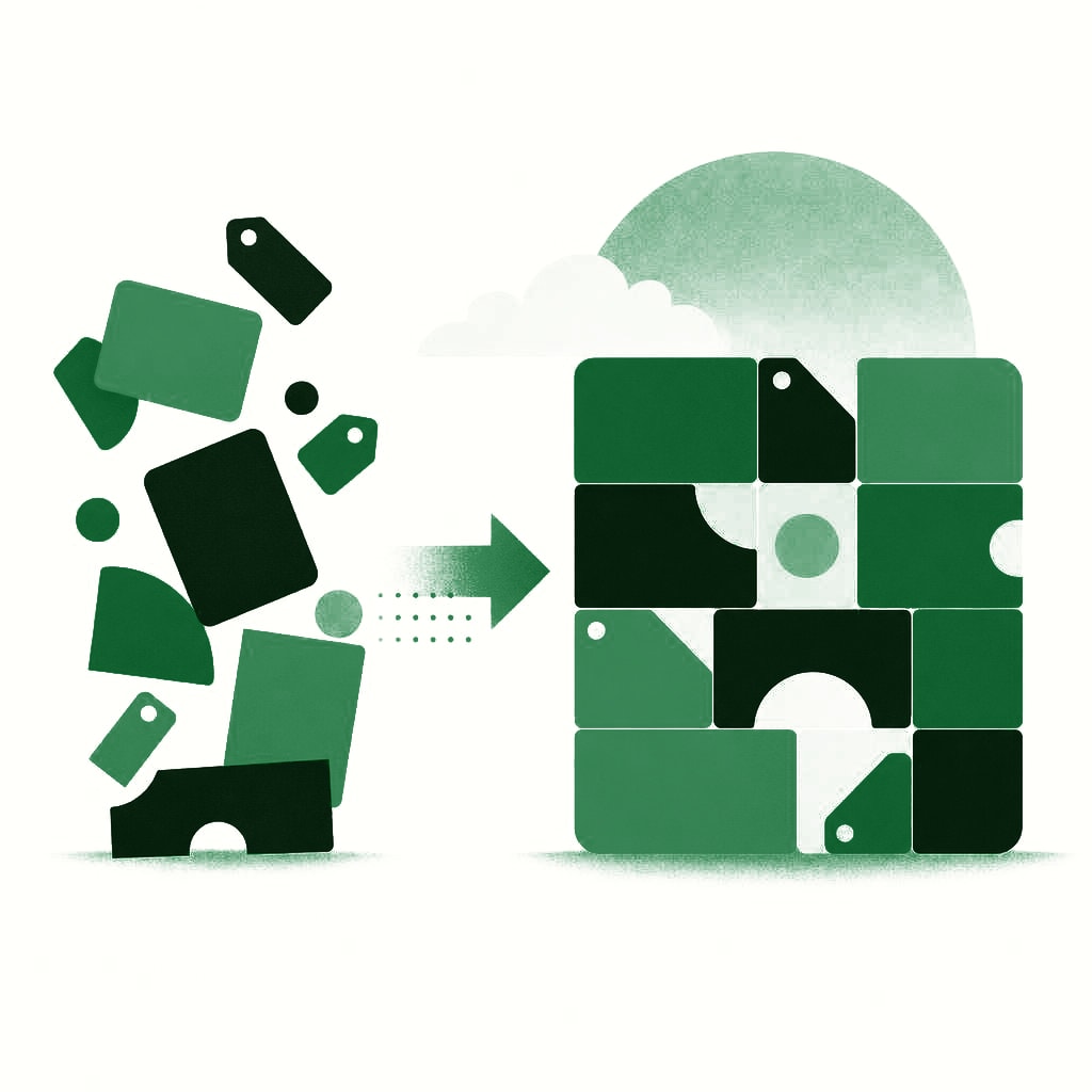 Illustration of geometric blocks and tags being organized into a structured grid, representing schema markup