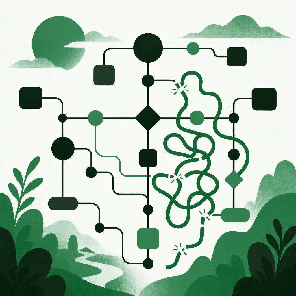 Illustration of a tangled sitemap network with one broken path highlighted