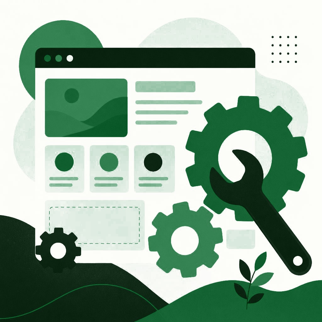 Illustration of interlocking gears and a wrench over a website layout