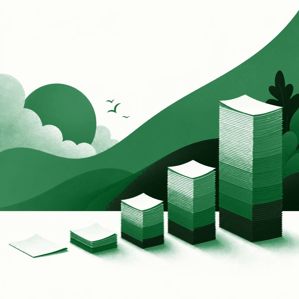 Illustration of a thin sheet of paper growing into a tall stack of pages