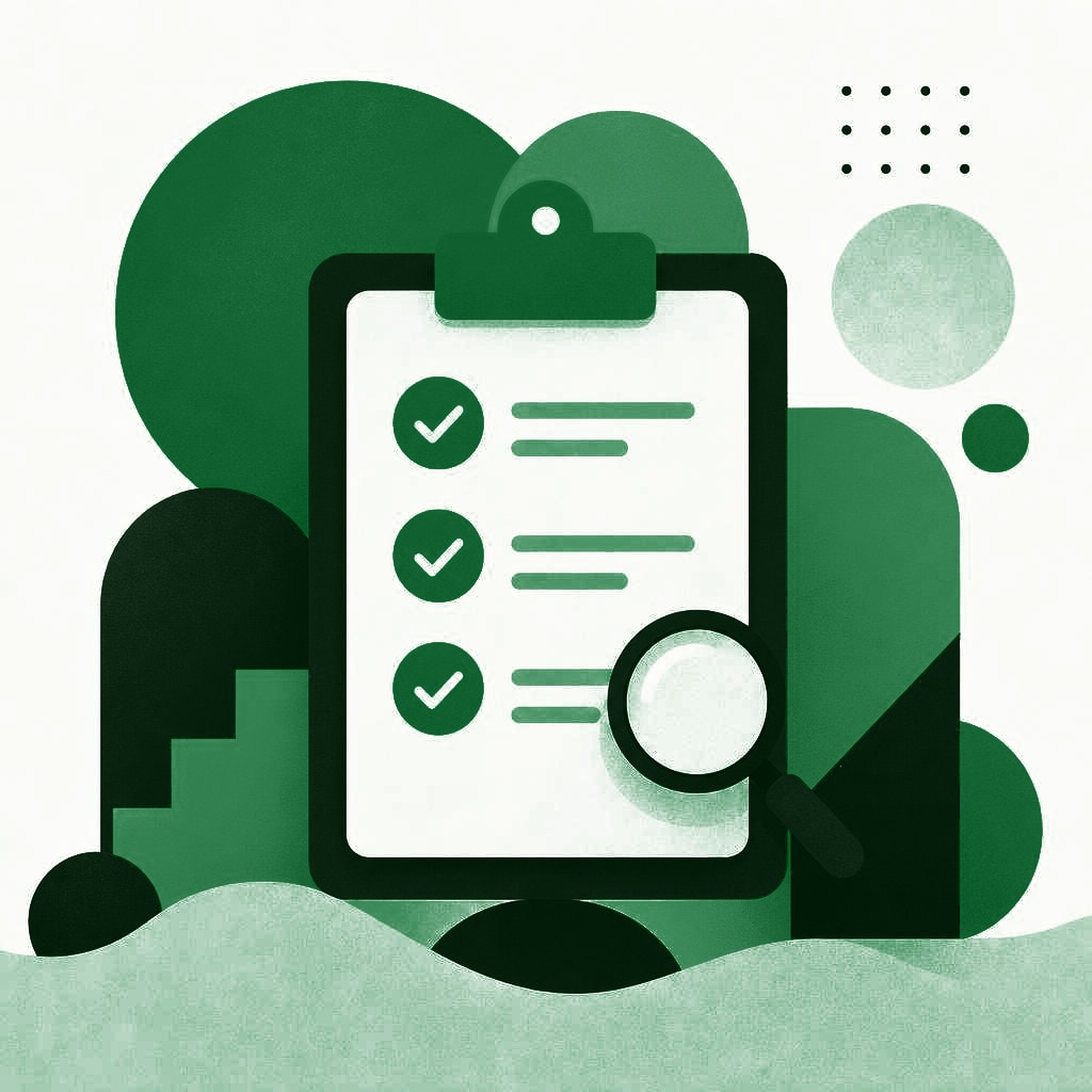 Illustration of a clipboard with checkmarks and a magnifying glass